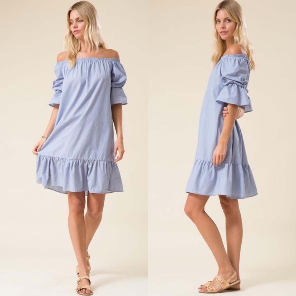 🎉HP🎉 Blue Off The Shoulder Pinstripe Mini Dress - Picture 5 of 7